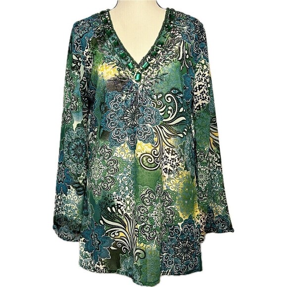 Raviya V-Neck Embellished Sheer‎ Tunic Top With Flare Sleeves Size Small - Picture 1 of 10